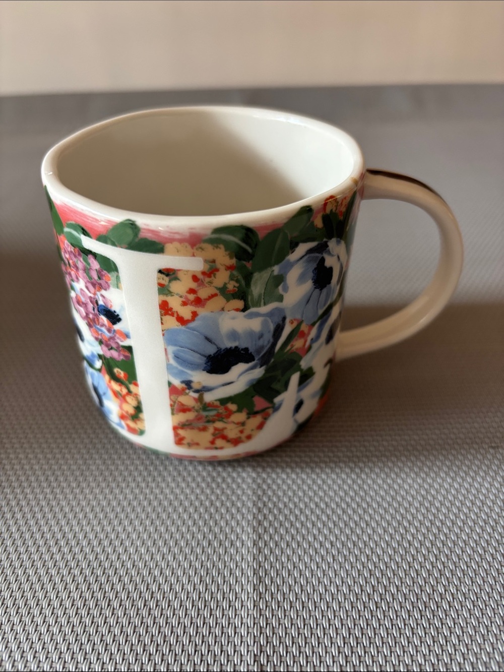 Anthropologie Floral Initial Mug in Blue, Pink, Green “L” NWOT
